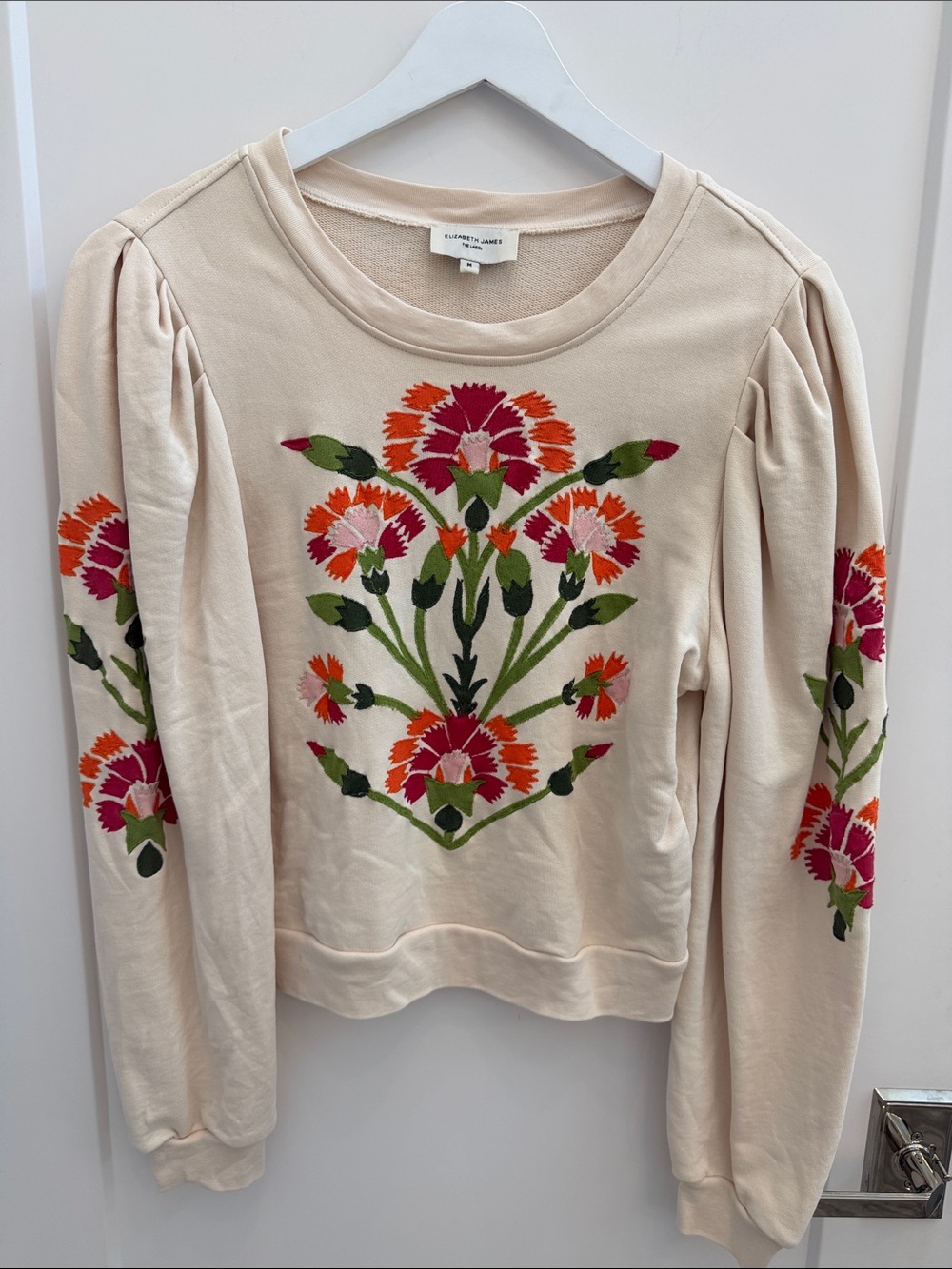 Elizabeth James Cream Sweatshirt with Red and Pink Floral Embroidery